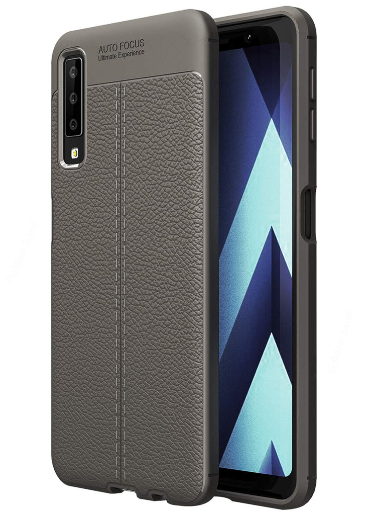 Vegan Leather Rugged Flexible TPU Series Shockproof Armor Back Cover for Samsung Galaxy A7 (2018), 6.0 inch, Grey