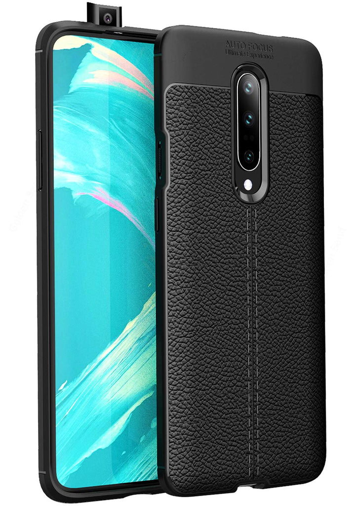 Vegan Leather Rugged Flexible TPU Series Shockproof Armor Back Cover for OnePlus 7 Pro 6.67 inch, Black