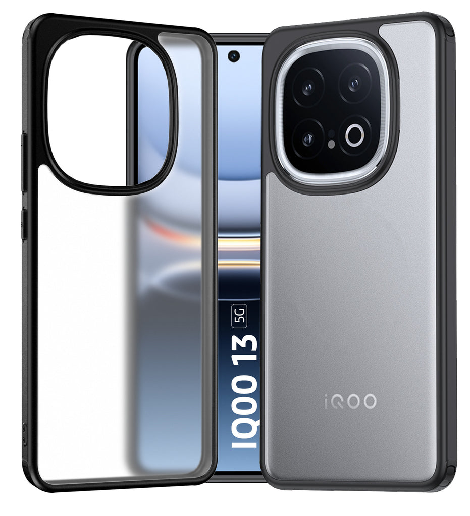 Rugged Frosted Semi Transparent PC Shock Proof Slim Back Cover for iQOO 13 5G, 6.82 inch, Black