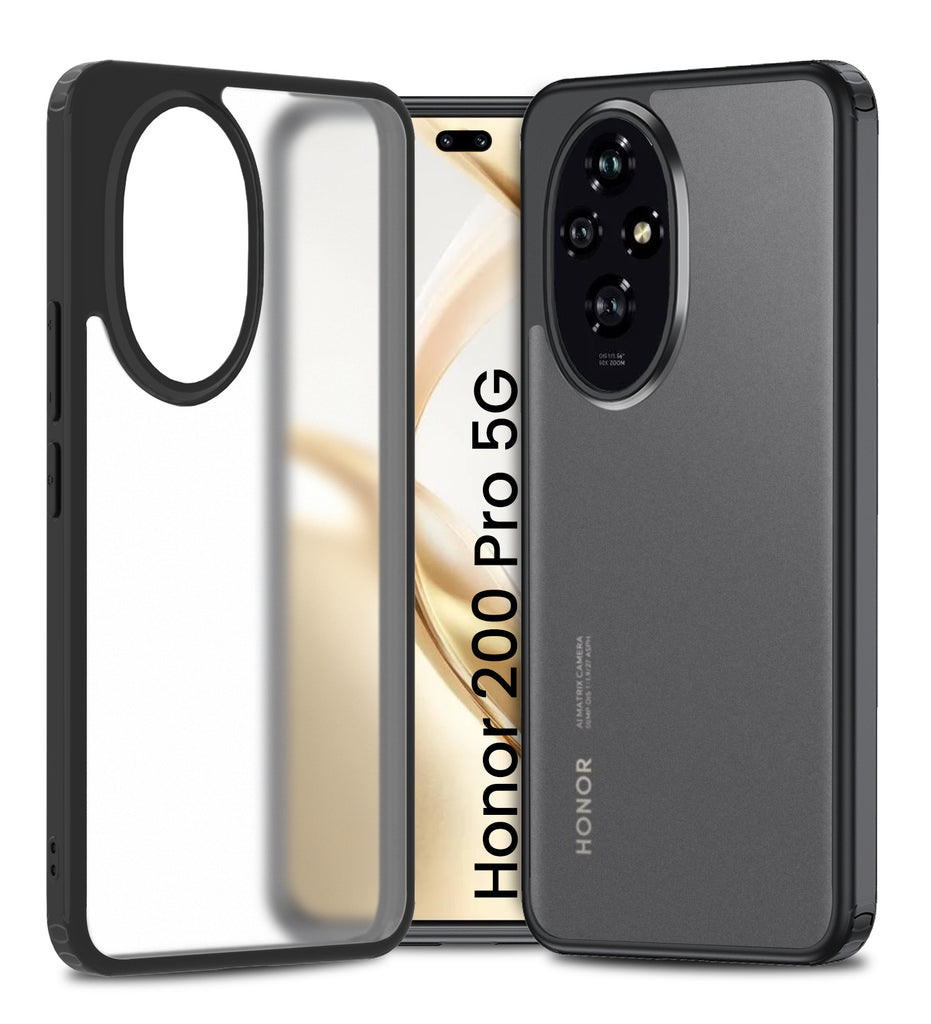 Rugged Frosted Semi Transparent PC Shock Proof Slim Back Cover for Honor 200 Pro 5G, 6.78 inch, Black