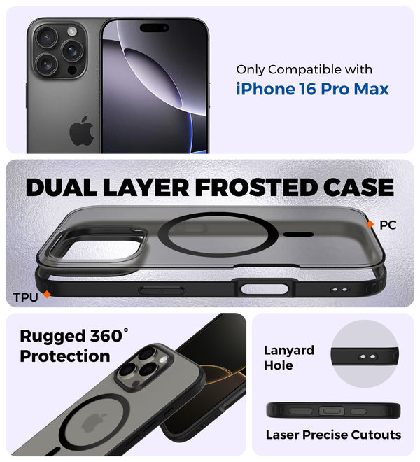 Apple iPhone 16 Pro Max (6.9 inch) Back Cover | Rugged Frosted MagSnap Series, Black