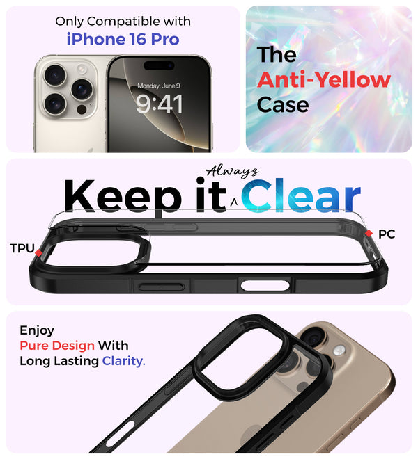 Apple iPhone 16 Pro (6.3 inch) Back Cover | Ice Crystal Series [Anti Yellow], (Transparent Black)