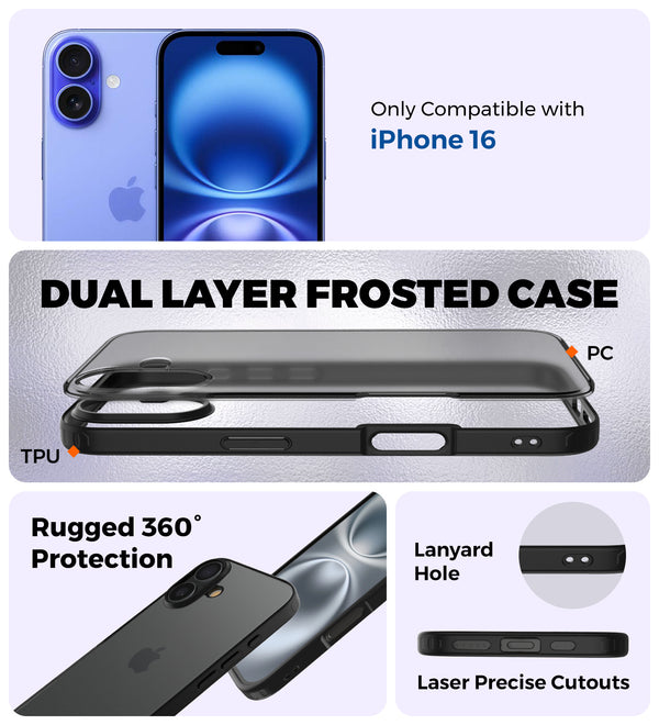 Apple iPhone 16 (6.1 inch) Back Cover | Rugged Frosted Series, Black