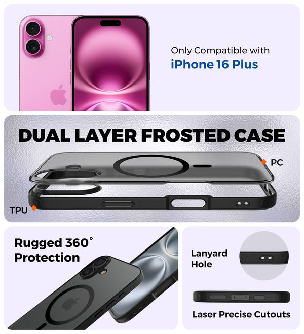 Apple iPhone 16 Plus (6.7 inch) Back Cover | Rugged Frosted MagSnap Series, Black