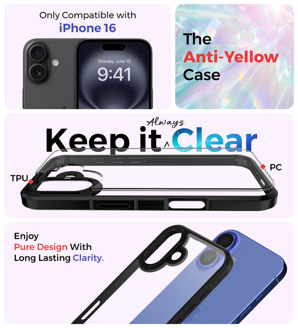 Apple iPhone 16 (6.1 inch) Back Cover | Ice Crystal Series [Anti Yellow], (Transparent Black)