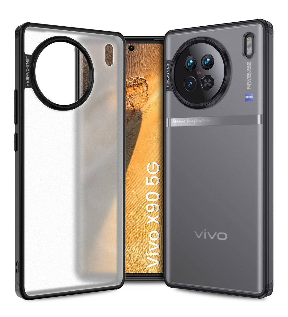 Rugged Frosted Semi Transparent PC Shock Proof Slim Back Cover for Vivo X90 5G, 6.78 inch, Black