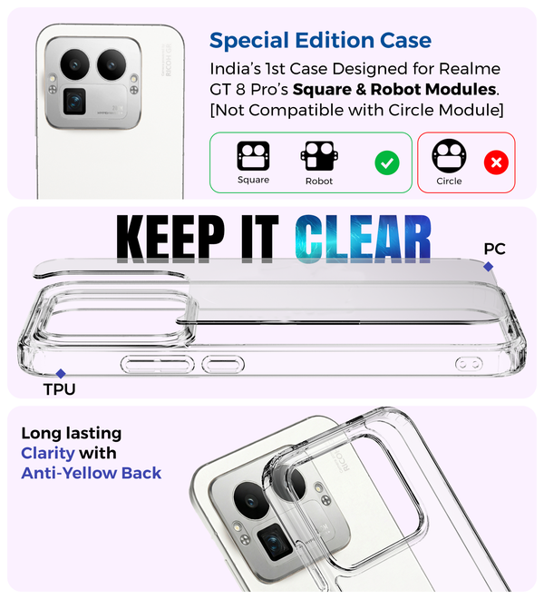 Realme GT 8 Pro 5G, Realme GT 8 Pro Dream Edition, [Compatible With Only Square & Robot Camera Module], (6.79 inch) Back Cover | Ice Crystal Series, Crystal Clear