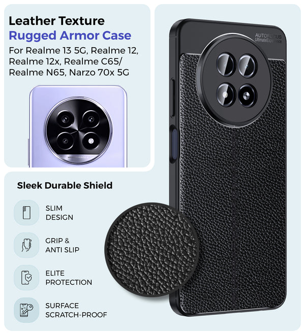 Realme 13 5G, realme 12 / realme 12x, Realme C65 / Realme N65, Narzo 70x 5G (6.72 inch) Back Cover | Vegan Leather Series, Black