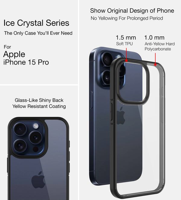 Apple iPhone 15 Pro (6.1 inch) Back Cover | Ice Crystal Series [Anti Yellow], Black