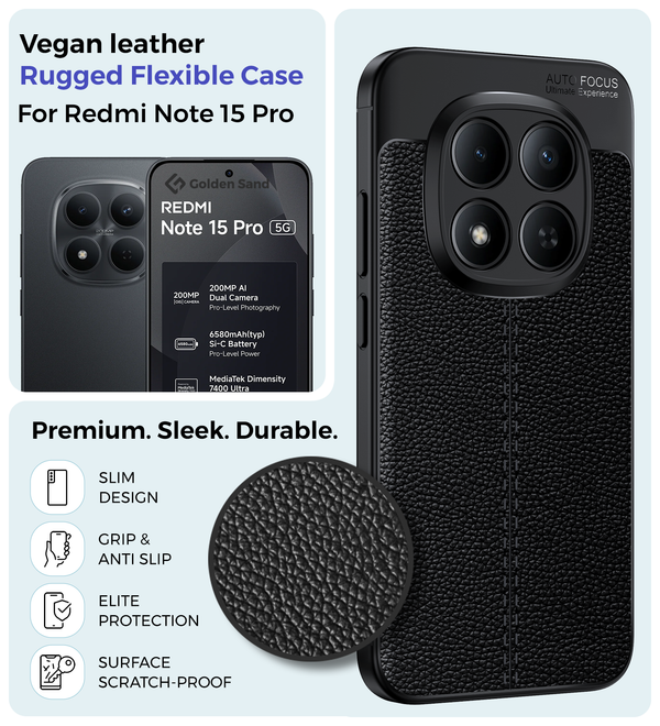 Redmi Note 15 Pro 5G (6.83 inch) Back Cover | Vegan Leather Series, Carbon Black