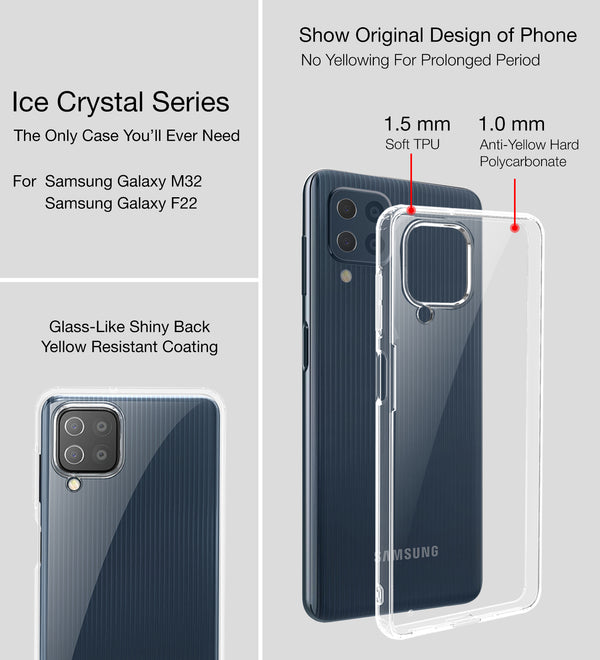 Samsung Galaxy M32 4G, Samsung Galaxy F22 (6.4 inch) Back Cover | Ice Crystal Series, Crystal Clear