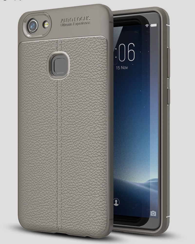 Back Cover, Drop Tested, TPU (Rubber), Grey, Leather, Leather Armor TPU, ₹500 - ₹699, Solid, Slim Design, vivo, Vivo V7