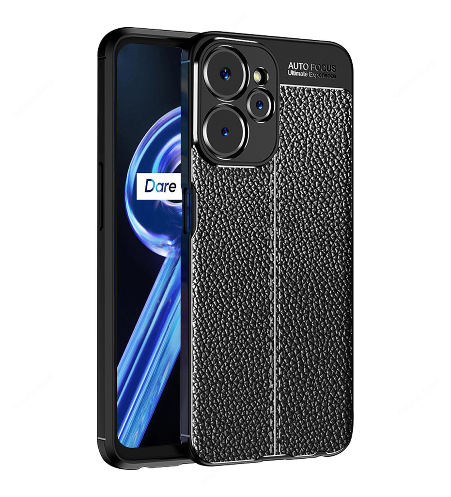 Vegan Leather Rugged Flexible TPU Series Shockproof Armor Back Cover for Realme 9i 5G, 6.6 inch, Black