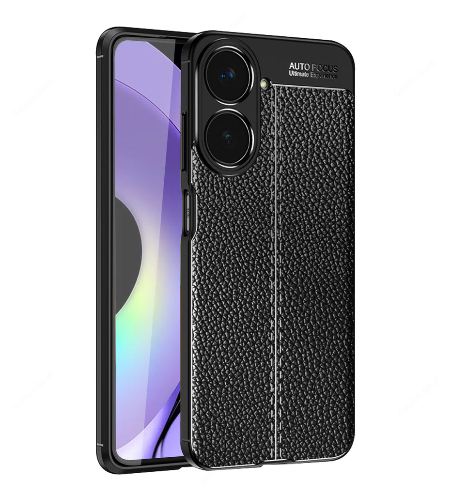 Vegan Leather Rugged Flexible TPU Series Shockproof Armor Back Cover for realme 10 Pro 5G, 6.72 inch, Black