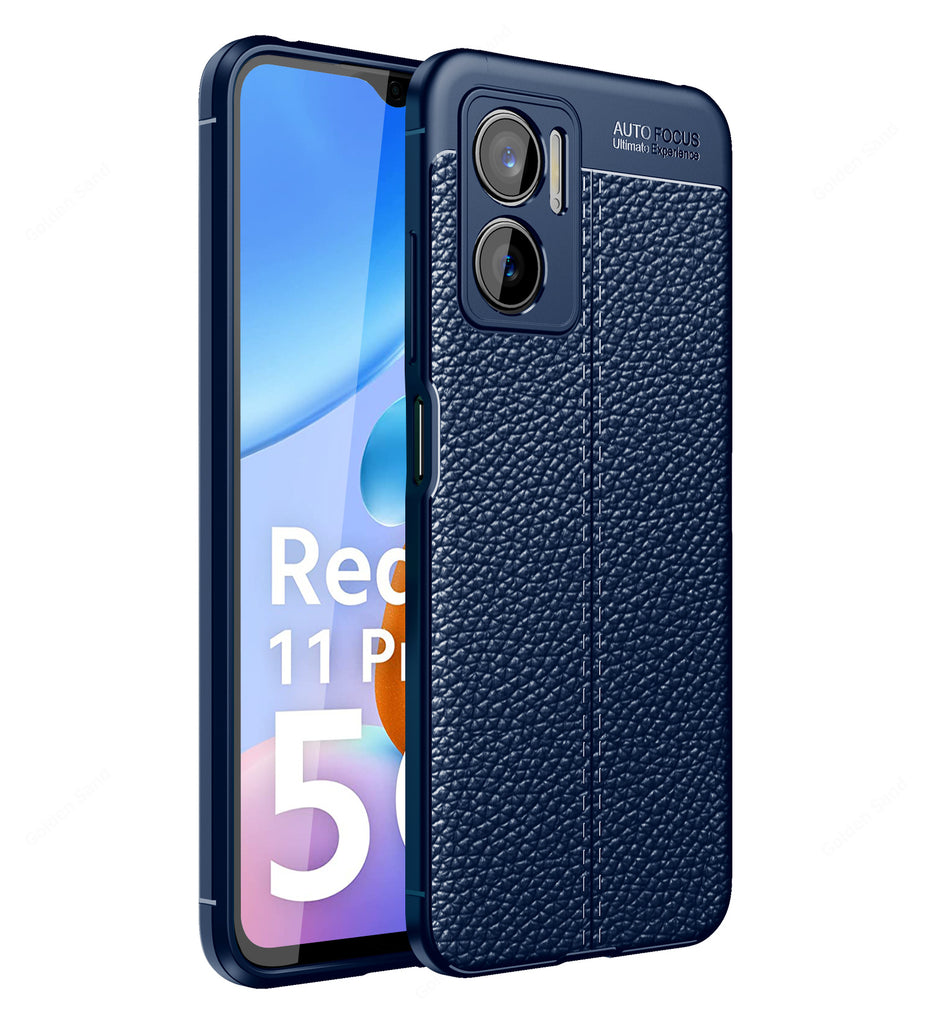 Vegan Leather Rugged Flexible TPU Series Shockproof Armor Back Cover for Redmi 11 Prime 5G, 6.58 inch, Blue